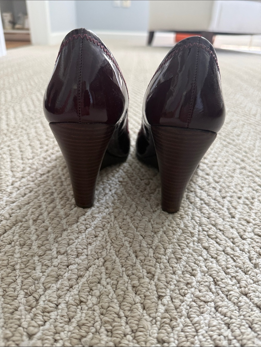 Tory Burch Burgundy Patent Wedge Pumps with Logo Detail - Picture 3 of 3